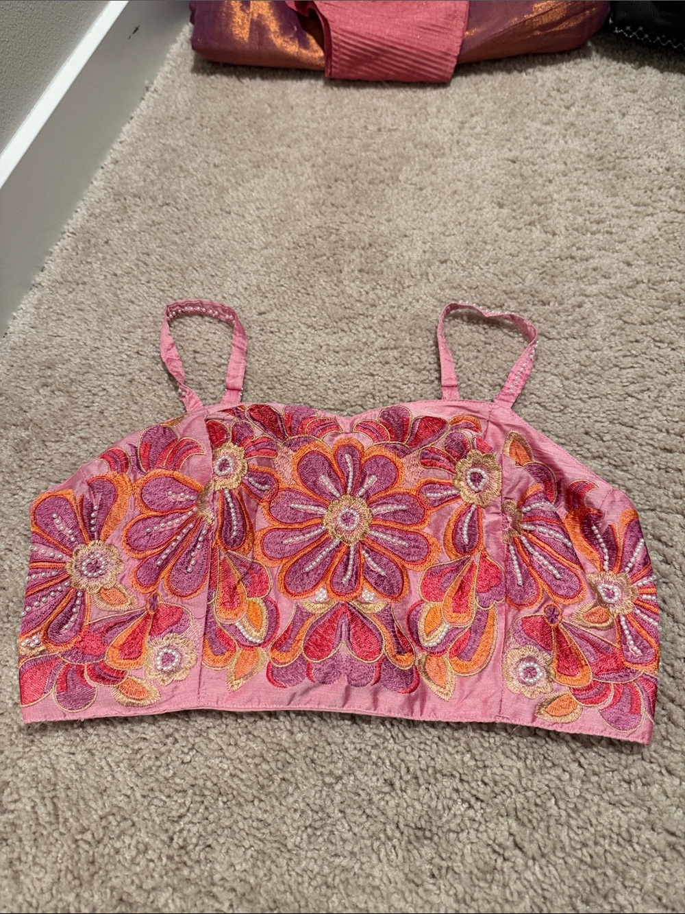 Pink Floral Embroidered Cropped Cami Top